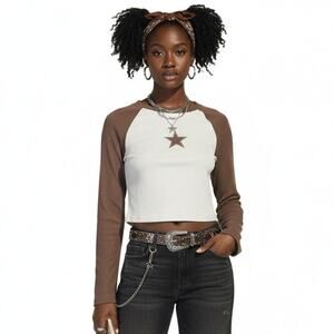 YITEMEI Star Raglan Long Sleeve Crop Top Womens XL Brown Cream Western Y2K